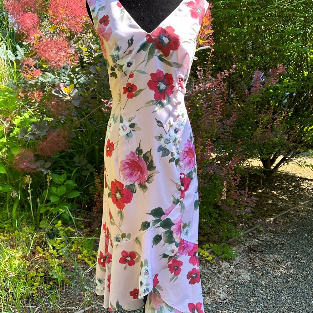 Adrianna Papell Pink Multi-Color V-Neck Flor Mermaid Hem Dress Size 10 - Picture 2 of 12